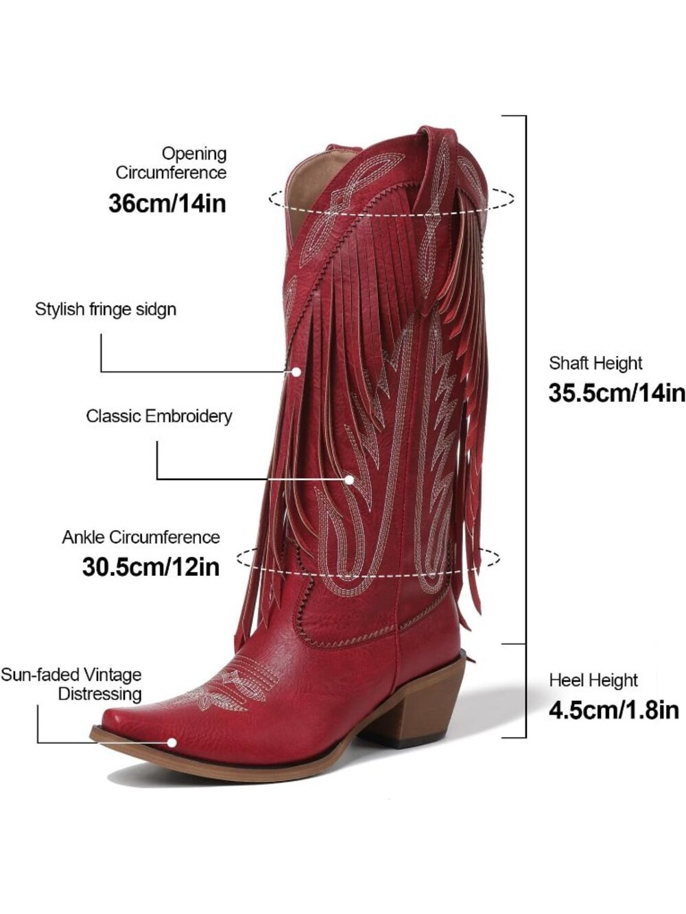 Women's Red Retro Pointed Toe Pull On Block Chunky Heel Embroider Cowgirl Boot - Picture 4 of 6